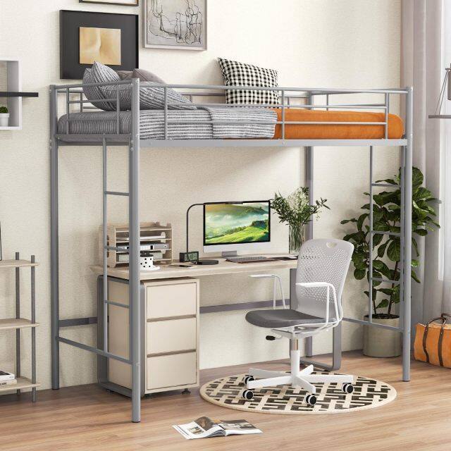 KOMFOTT Twin Size Metal Loft Bed with Both Side Ladders & Safety Guardrails