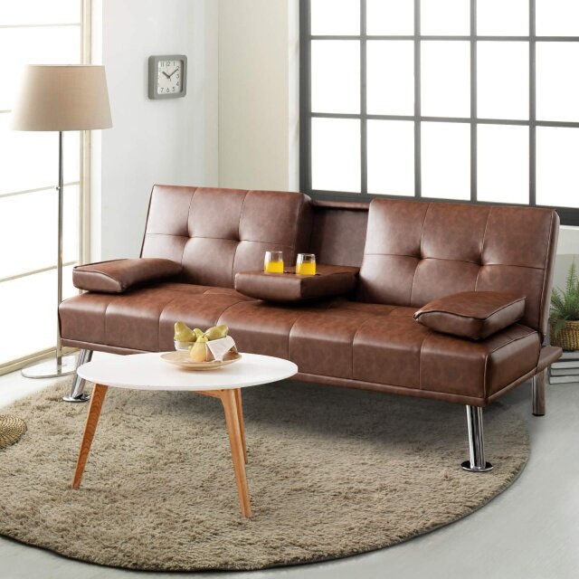 KOMFOTT Leather Convertible Futon Sofa Bed with Removable Armrests and 2 Cup Holders
