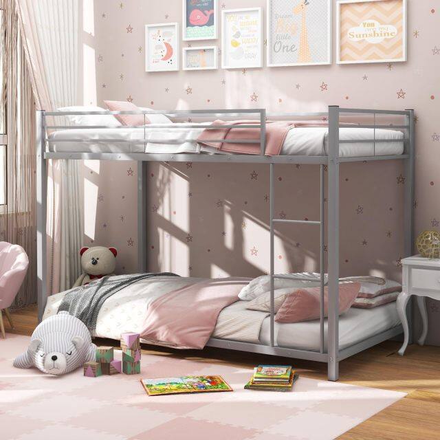KOMFOTT Twin Over Twin Metal Low Profile Bunk Bed with Safety Guard Rails & Side Ladder