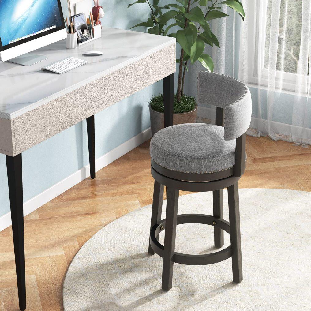 KOMFOTT Modern 360° Swivel Bar Stool with Upholstered Back & Seat, Solid Rubber Wood Legs & Round Footrest