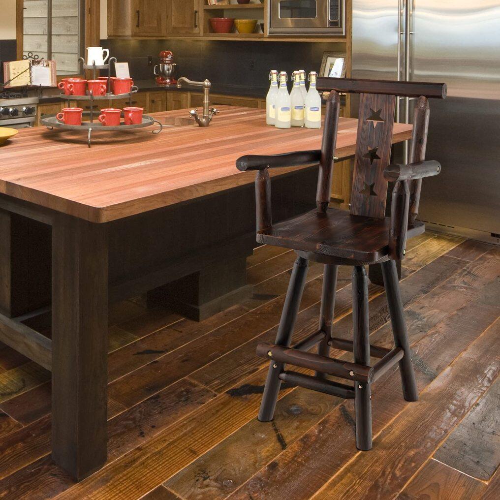 KOMFOTT 360° Swivel Wood Bar Stools Set of 2 with Footrest, Decorative Star Backrest, Wide Armrest