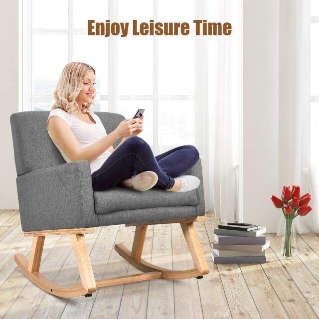 KOMFOTT Upholstered Rocking Chair with Fabric Padded Seat and Solid Wood Base