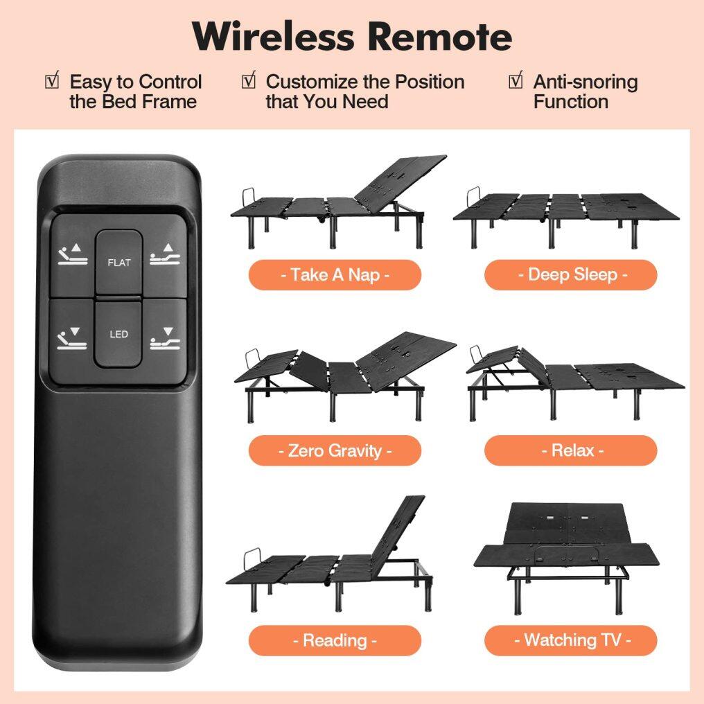 KOMFOTT Adjustable Bed Base with Remote, Electric Reclining Bed with Head & Foot Incline, LED Under-Bed Lighting and Dual USB Port