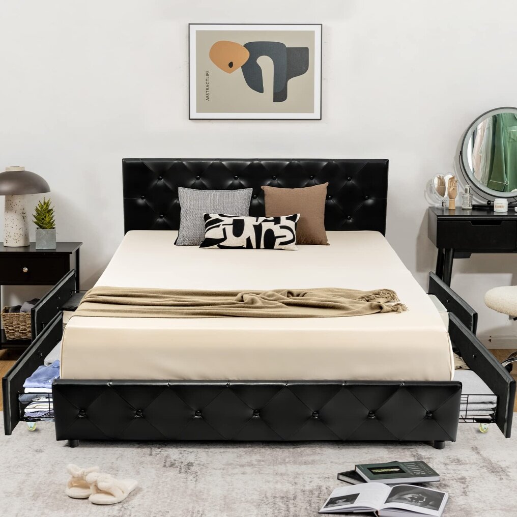 KOMFOTT Upholstered PU Leather Platform Bed Frame with 4 Storage Drawers