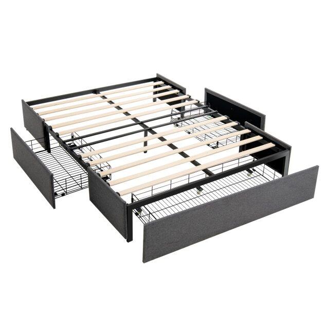 KOMFOTT Full Size Bed Frame with 3 Drawers, Fabric Upholstered Platform Bed