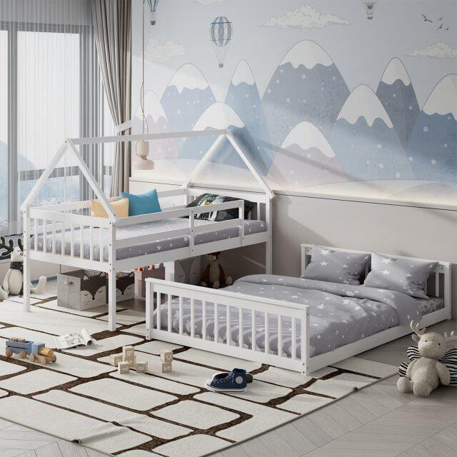 KOMFOTT Twin Over Full Wood House Bunk Bed with Integrated Ladder & Safety Guardrails, Convertible to 2 Beds