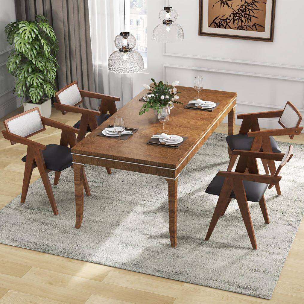 KOMFOTT Wooden Dining Chairs Set of 2/4, Mid Century Upholstered Kitchen Chairs w/Leathaire Seat Cushions & Sherpa Backrests