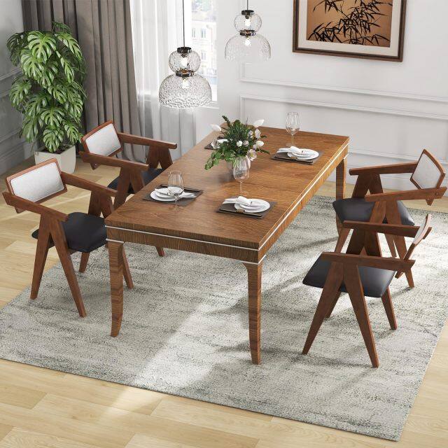 KOMFOTT Wooden Dining Chairs Set of 2/4, Mid Century Upholstered Kitchen Chairs w/Leathaire Seat Cushions & Sherpa Backrests