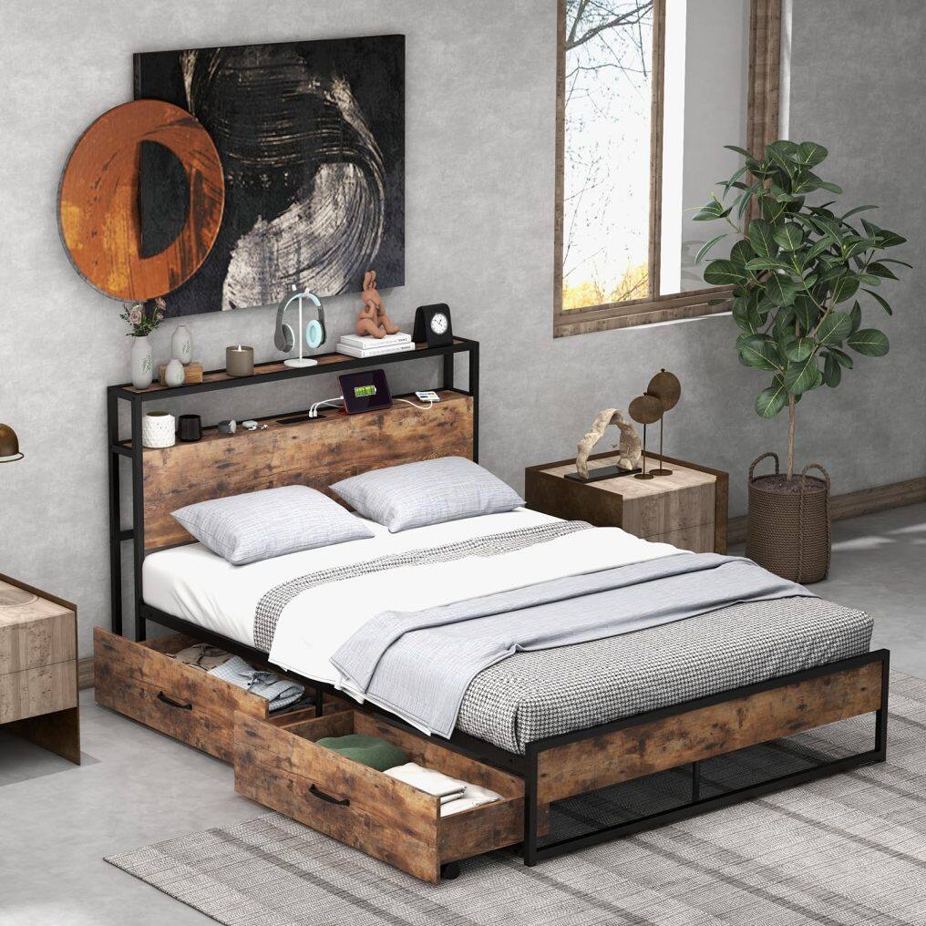 KOMFOTT Bed Frame with 2 Storage Drawers and Charging Station, Rustic Metal Slats Support Mattress Foundation