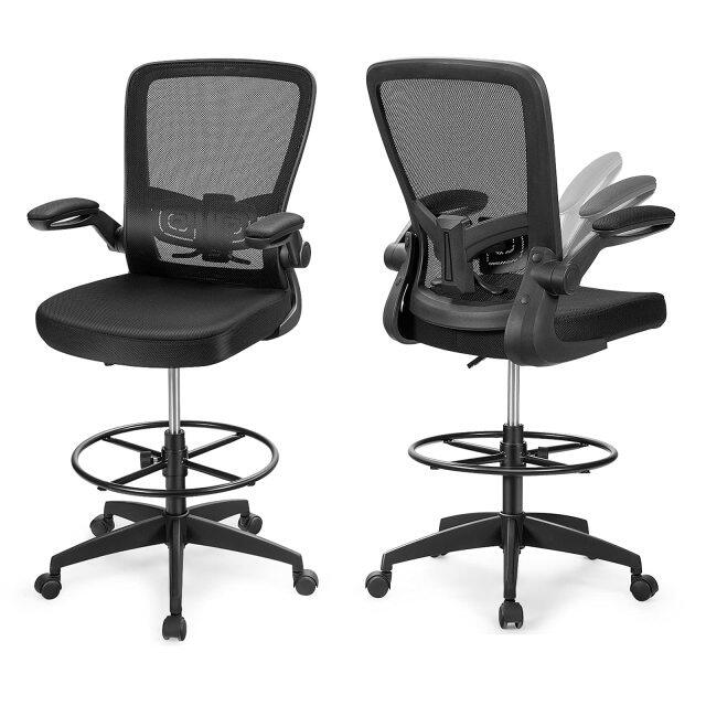 KOMFOTT Drafting Chair, Ergonomic Tall Office Chair with Thick Cushion, Flip-up Armrest, Adjustable Back Support & Footrest