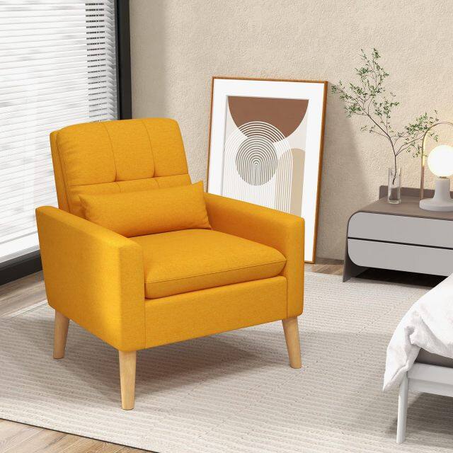 KOMFOTT Modern Linen Accent Chair, Upholstered Tufted Armchair with Lumbar Pillow, Rubber Wood Legs, Padded Cushion
