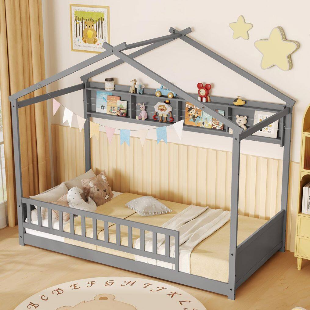 KOMFOTT Twin Floor House Bed with Storage Shelf, Headboard & Guardrail
