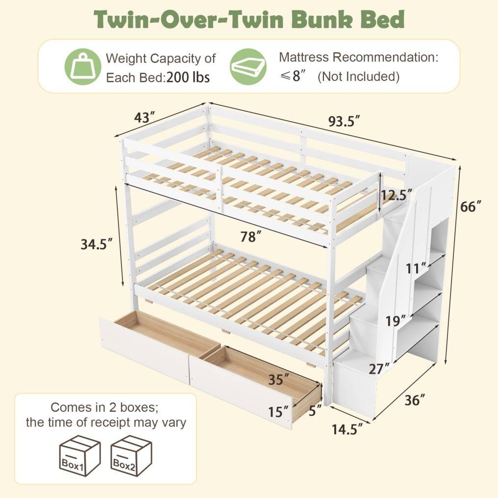 KOMFOTT Wood Twin Over Twin Bunk Bed with 2 Storage Drawers & Stairs