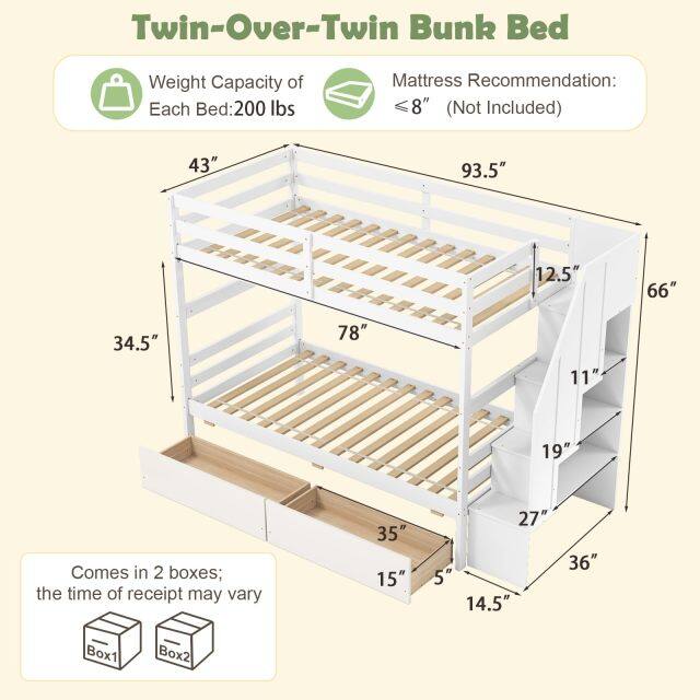KOMFOTT Wood Twin Over Twin Bunk Bed with 2 Storage Drawers & Stairs
