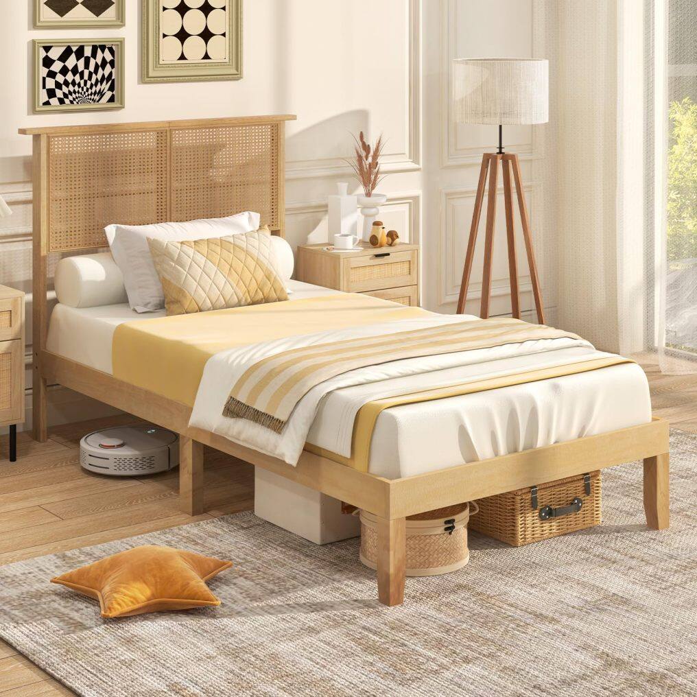 KOMFOTT Wood Platform Bed Frame with Rattan Headboard, Wooden Slats & Under-Bed Storage