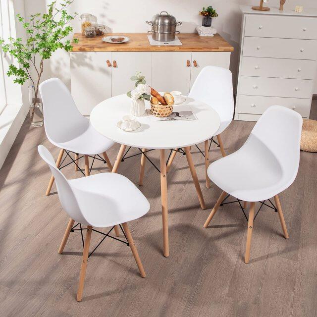 KOMFOTT Round Dining Table Set for 4, Modern Circle Kitchen Table & 4 Chairs with Ergonomic Seats and Solid Wood Legs