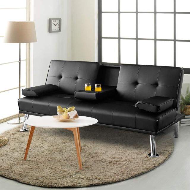 KOMFOTT Leather Convertible Futon Sofa Bed with Removable Armrests and 2 Cup Holders