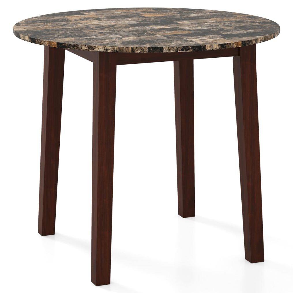 KOMFOTT Round Dining Table with Rubber Wood Legs, Marble-Textured Veneer Tabletop
