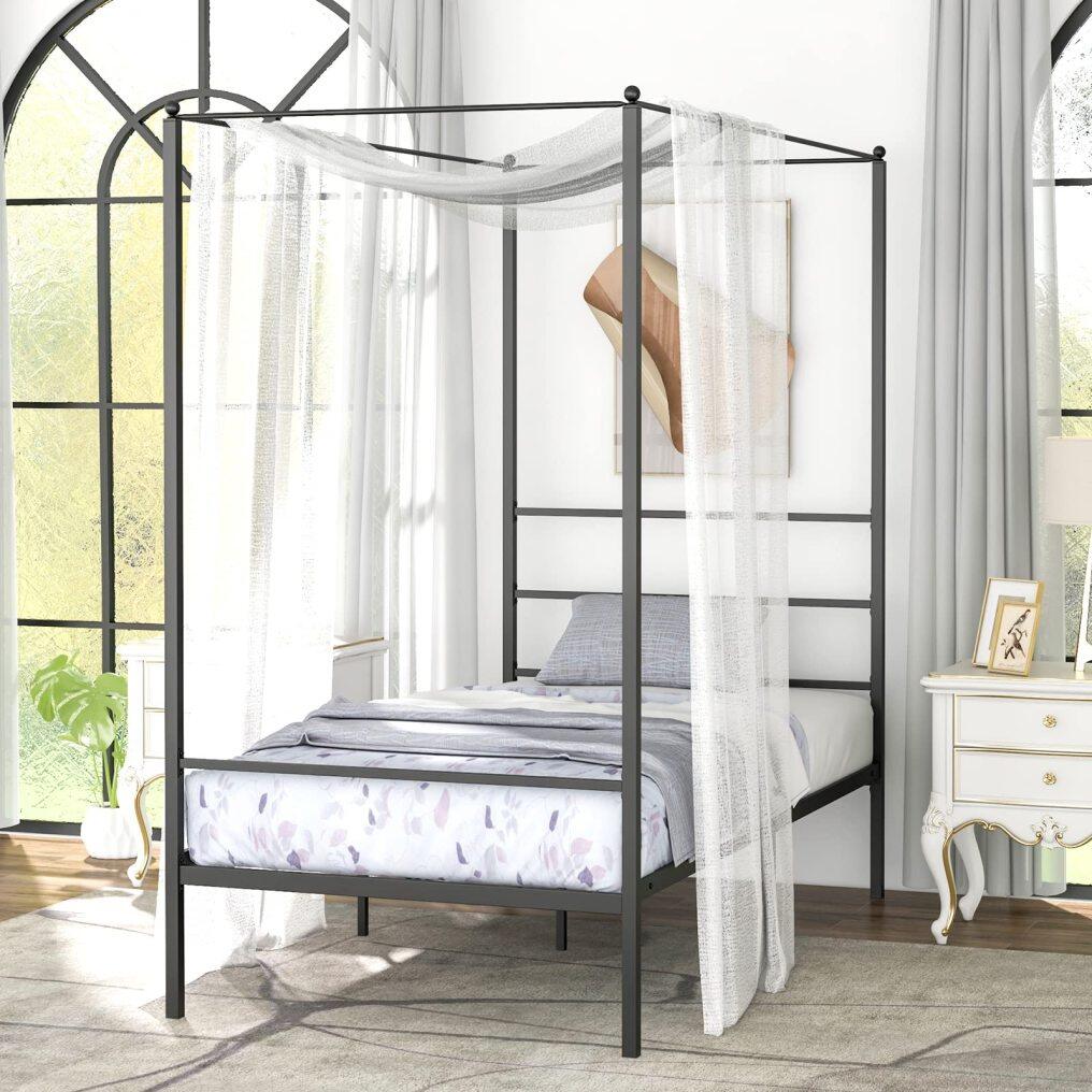 KOMFOTT Metal Canopy Bunk Bed, Modern 4 Poster Canopied Platform Bed with Headboard
