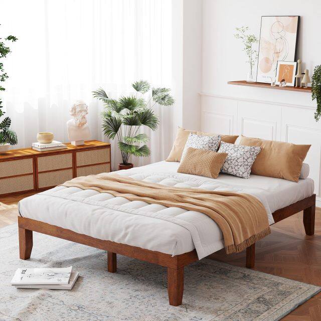KOMFOTT Wood Platform Bed Frame, Solid Wood Mattress Foundation with Rubber Wood Frame