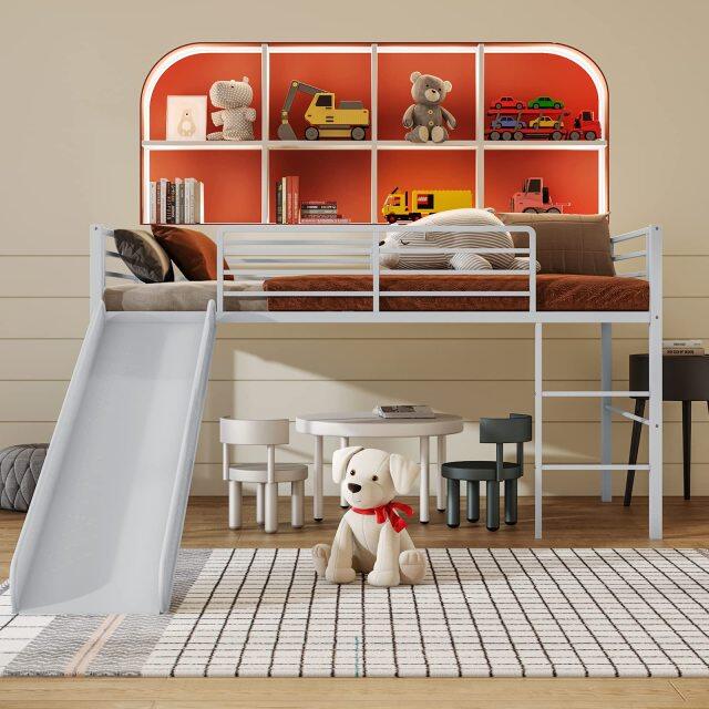 KOMFOTT Twin Metal Low Loft Bed with Slide, Safety Guardrails & Built-in Ladder
