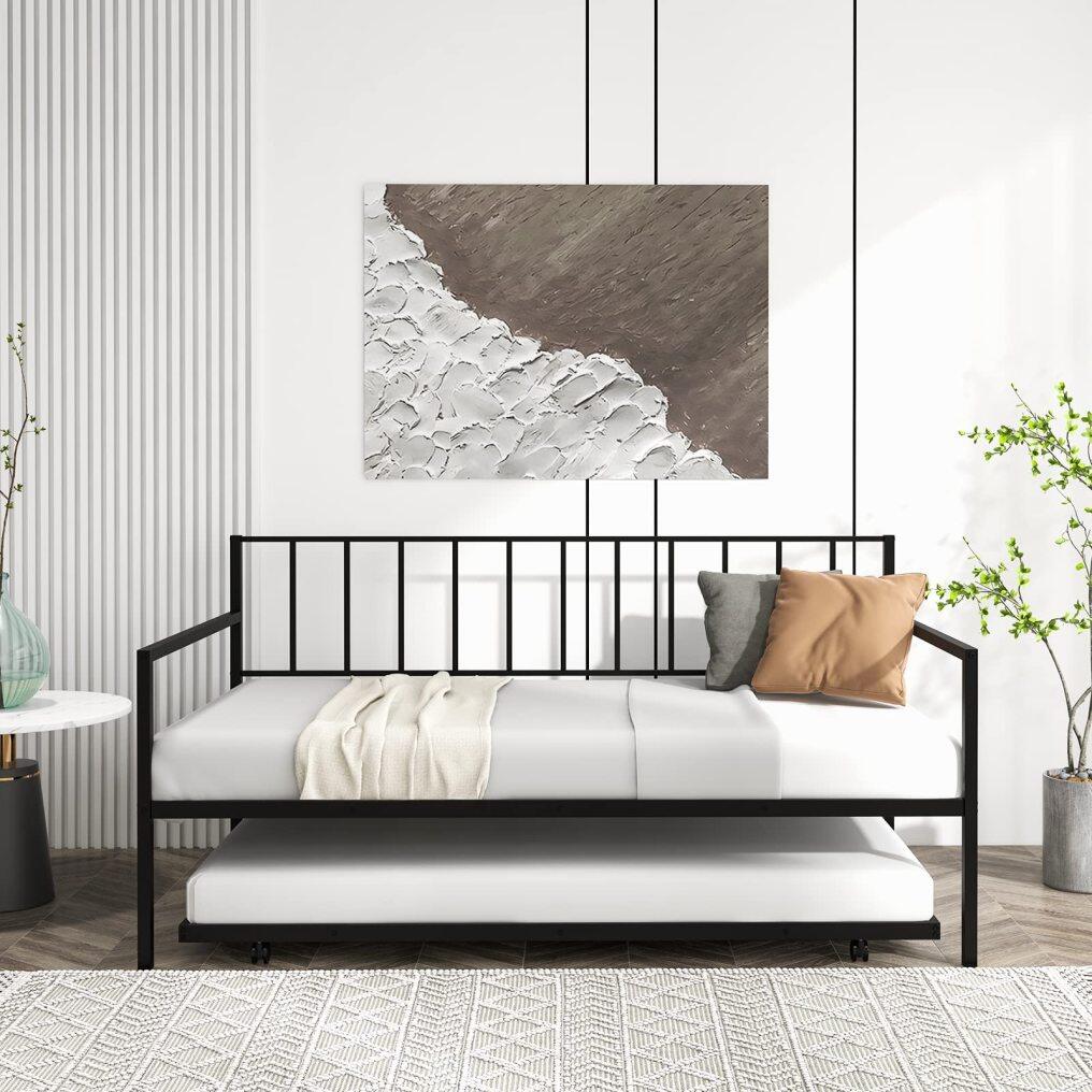 KOMFOTT Twin Metal Daybed with Trundle, Metal Sofa Bed & Pull-Out Trundle Set with Lockable Casters
