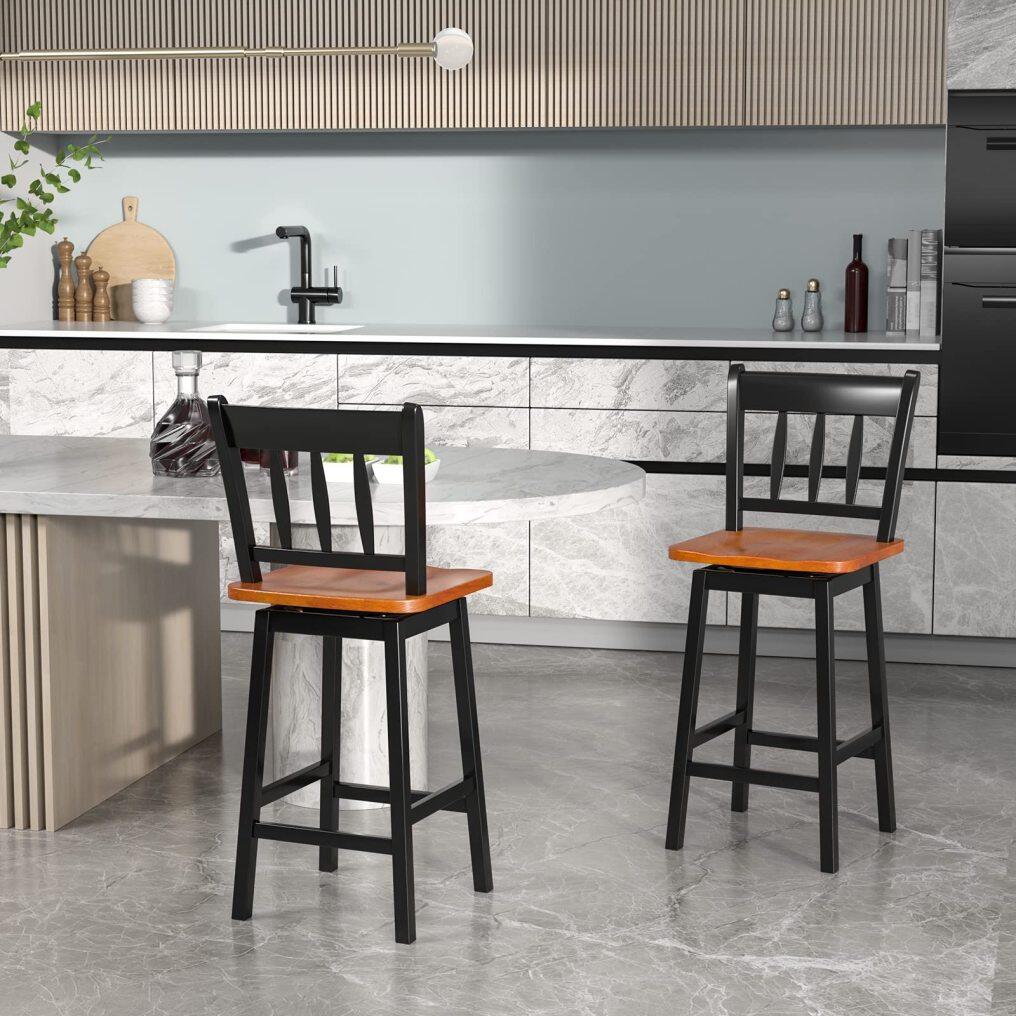 KOMFOTT 24.5 Inch Solid Rubber Wood Bar Stools Set of 2/4 with 360 °Swiveling, Footrest