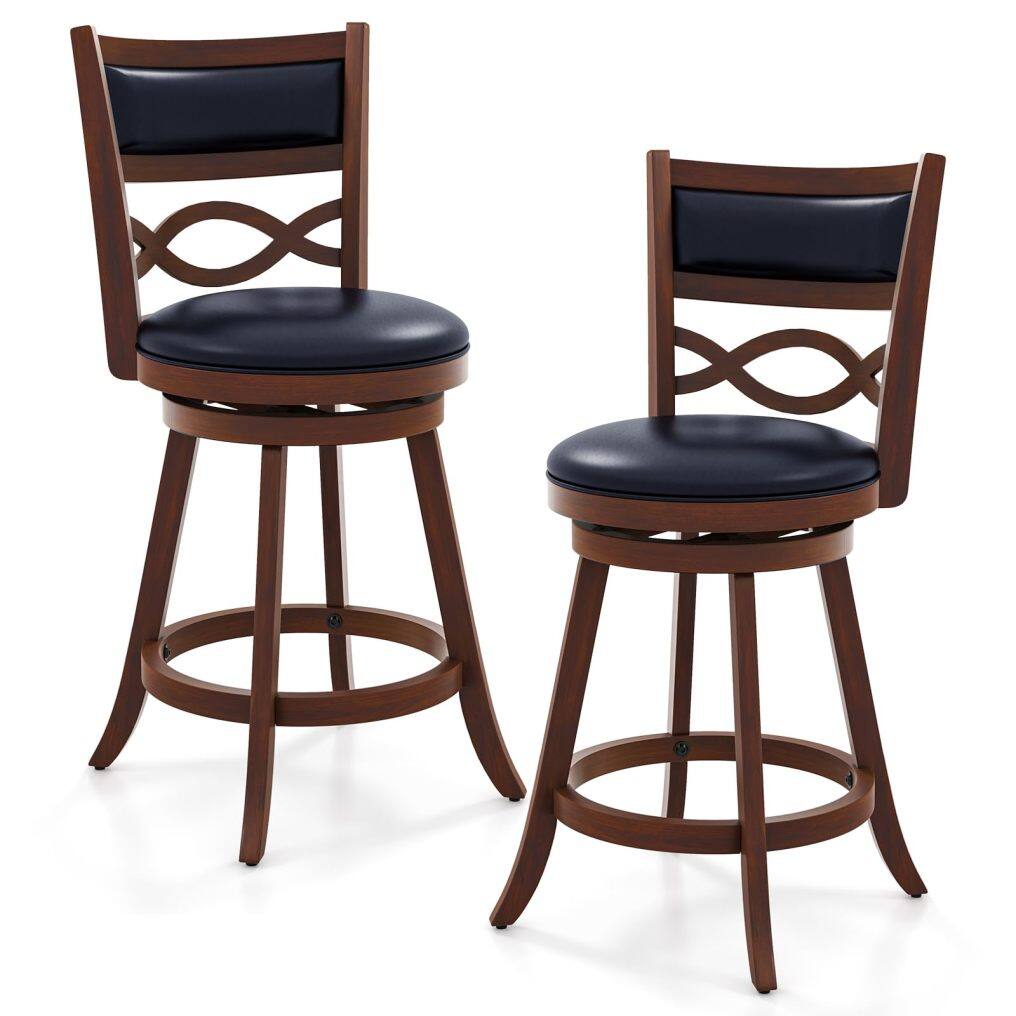 KOMFOTT Bar Stools Set of 2/4, 24.5” Counter Height Stools with Rubber Wood Frame, Faux Leather Upholstered Seat and Backrest