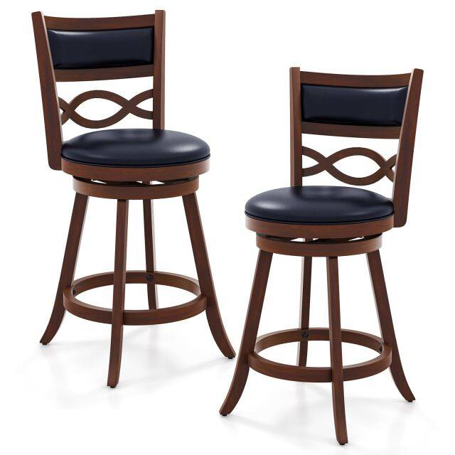KOMFOTT Bar Stools Set of 2/4, 24.5” Counter Height Stools with Rubber Wood Frame, Faux Leather Upholstered Seat and Backrest