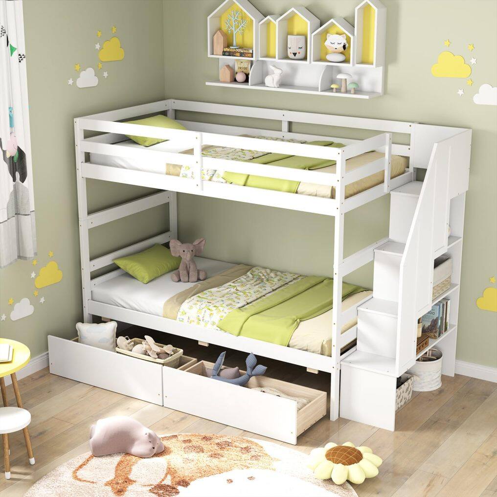 KOMFOTT Wood Twin Over Twin Bunk Bed with 2 Storage Drawers & Stairs