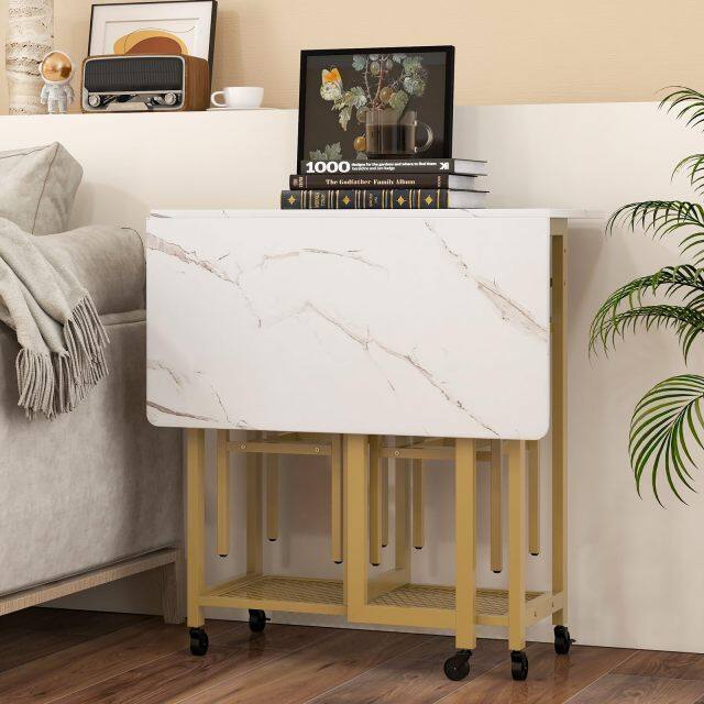 KOMFOTT 3 Piece Foldable Dining Table Set, Extendable Dining Table & 2 Stools Set w/ 6-Bottle Wine Rack, Shelves & Side Pushing Handle