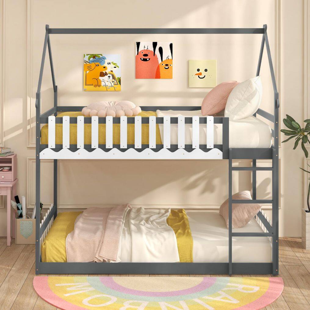 KOMFOTT Wood Twin Over Twin House Bunk Bed, Solid Wood Low Bunk Bed with Ladder, Safety Guardrails & Fences