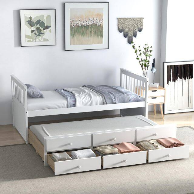 KOMFOTT Twin Size Wooden Captain Daybed with Trundle and 3 Storage Drawers