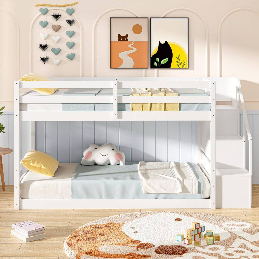 KOMFOTT Bunk Bed with Stairs, Solid Wood Floor Bunk Bed with Storage Staircase & Full-Length Guardrails