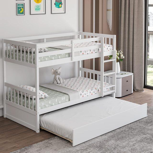 KOMFOTT Twin Over Twin Wood Bunk Bed with Trundle, 2-in-1 Convertible Bunk Bed with Ladder & Solid Wood Frame