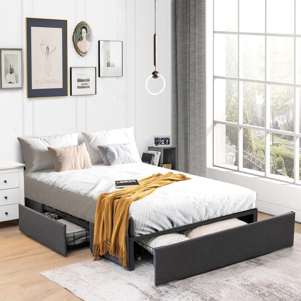 KOMFOTT Full Size Bed Frame with 3 Drawers, Fabric Upholstered Platform Bed
