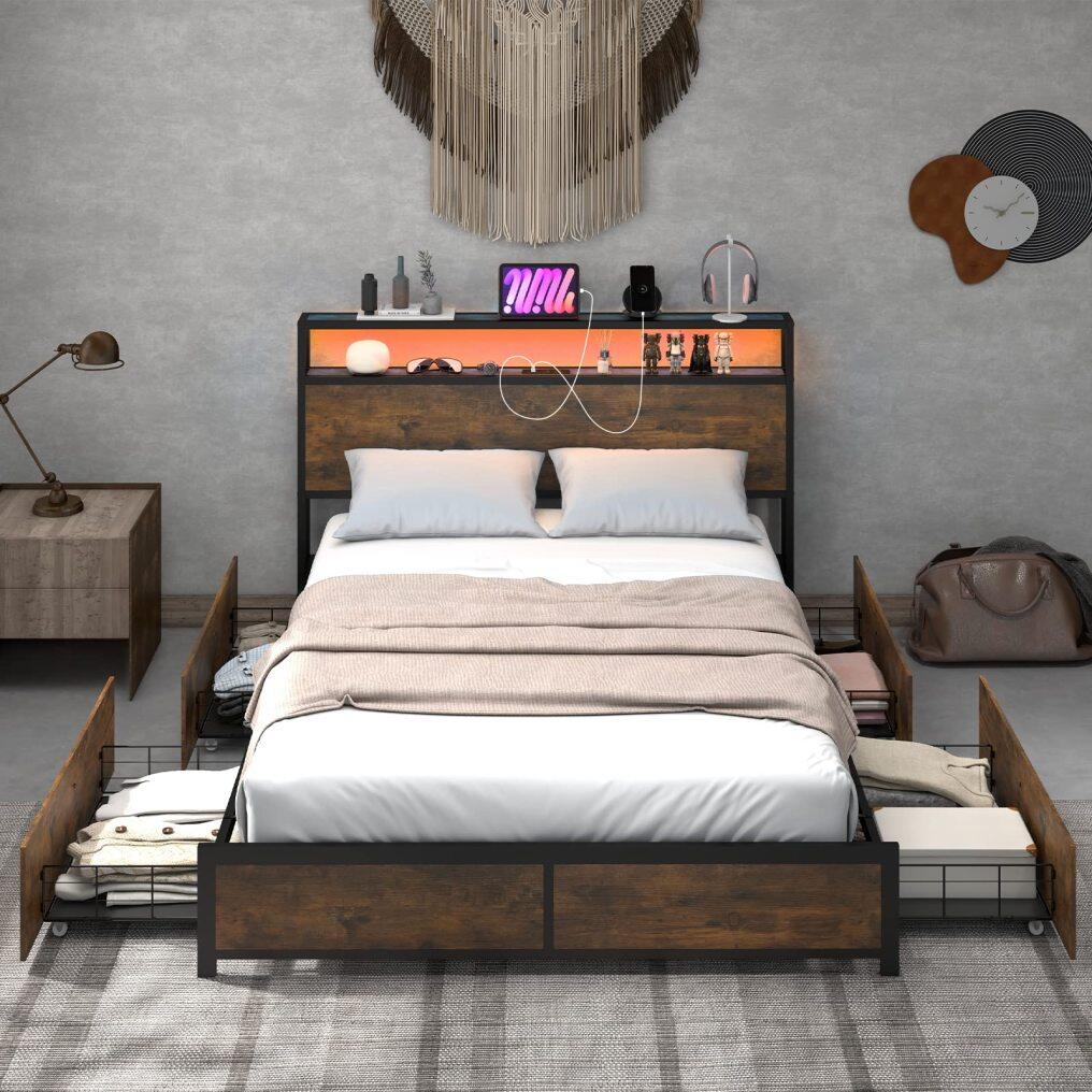 KOMFOTT Metal Bed Frame with LED Lights Headboard and 4 Storage Drawers, Outlets and USB Ports Charging Station