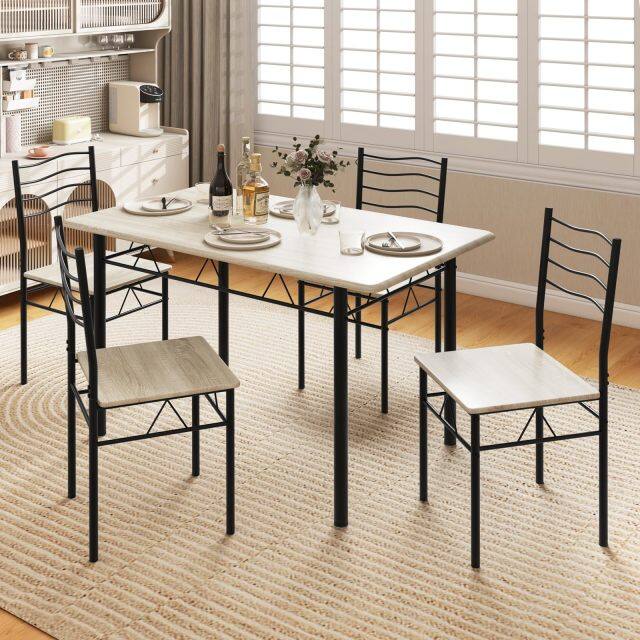 KOMFOTT 5 Piece Dining Table Set with 4 Chairs, Metal Frame Wood Like Tabletop Kitchen Furniture