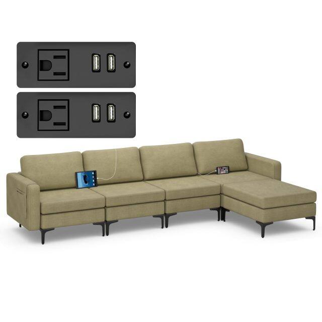 KOMFOTT 4 Seat Convertible L-Shaped Sofa Couch, 123 Inch Sectional Sleeper with 2 USB Ports Socket