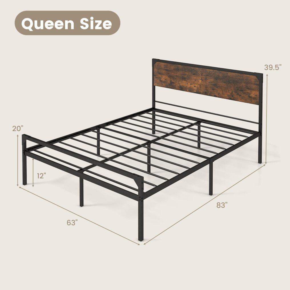 KOMFOTT Full/ Queen Size Metal Bed Frame with Wood Headboard