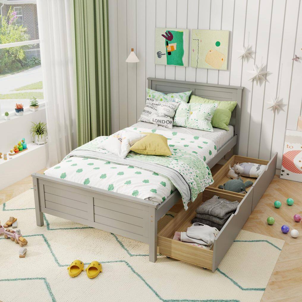 KOMFOTT Wood Bed Frame with 2 Storage Drawers