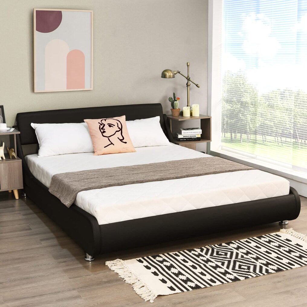 KOMFOTT Faux Leather Bed Frame with Adjustable & Upholstered Headboard