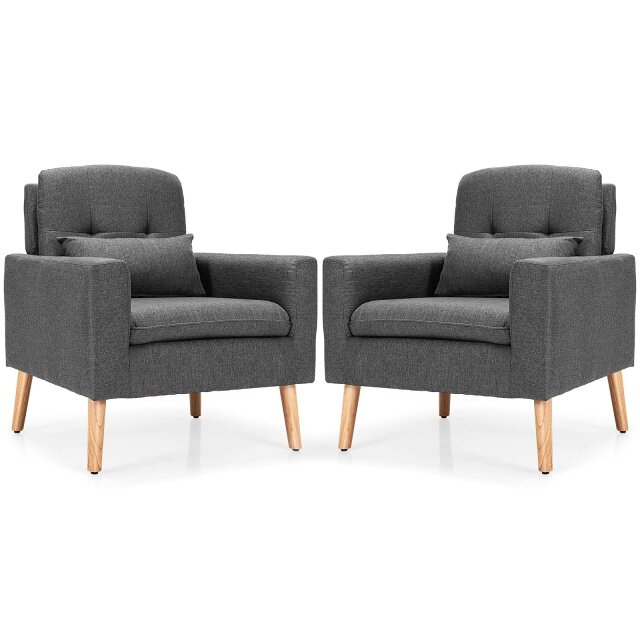 KOMFOTT Modern Linen Accent Chair, Upholstered Tufted Armchair with Lumbar Pillow, Rubber Wood Legs, Padded Cushion