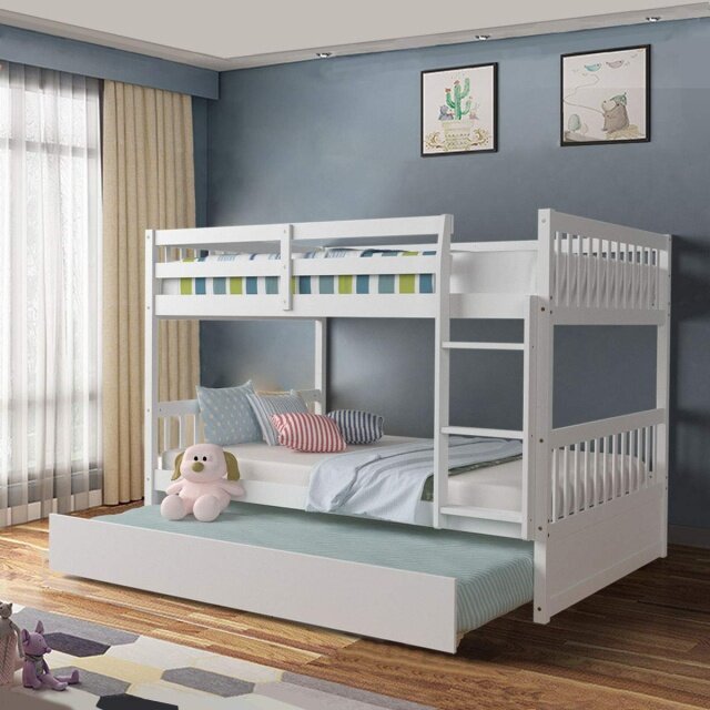 KOMFOTT Full Over Full Wood Bunk Bed with Trundle, Ladder, Solid Wood Frame & Safety Guardrails