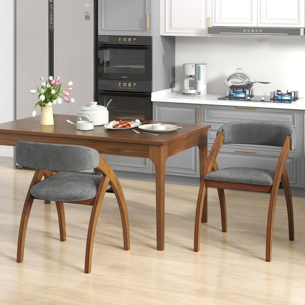KOMFOTT Wooden Dining Chairs Set of 2/4, Upholstered Kitchen Chairs w/Arched Rubber Wood Legs, Padded Cushion & Curved Back