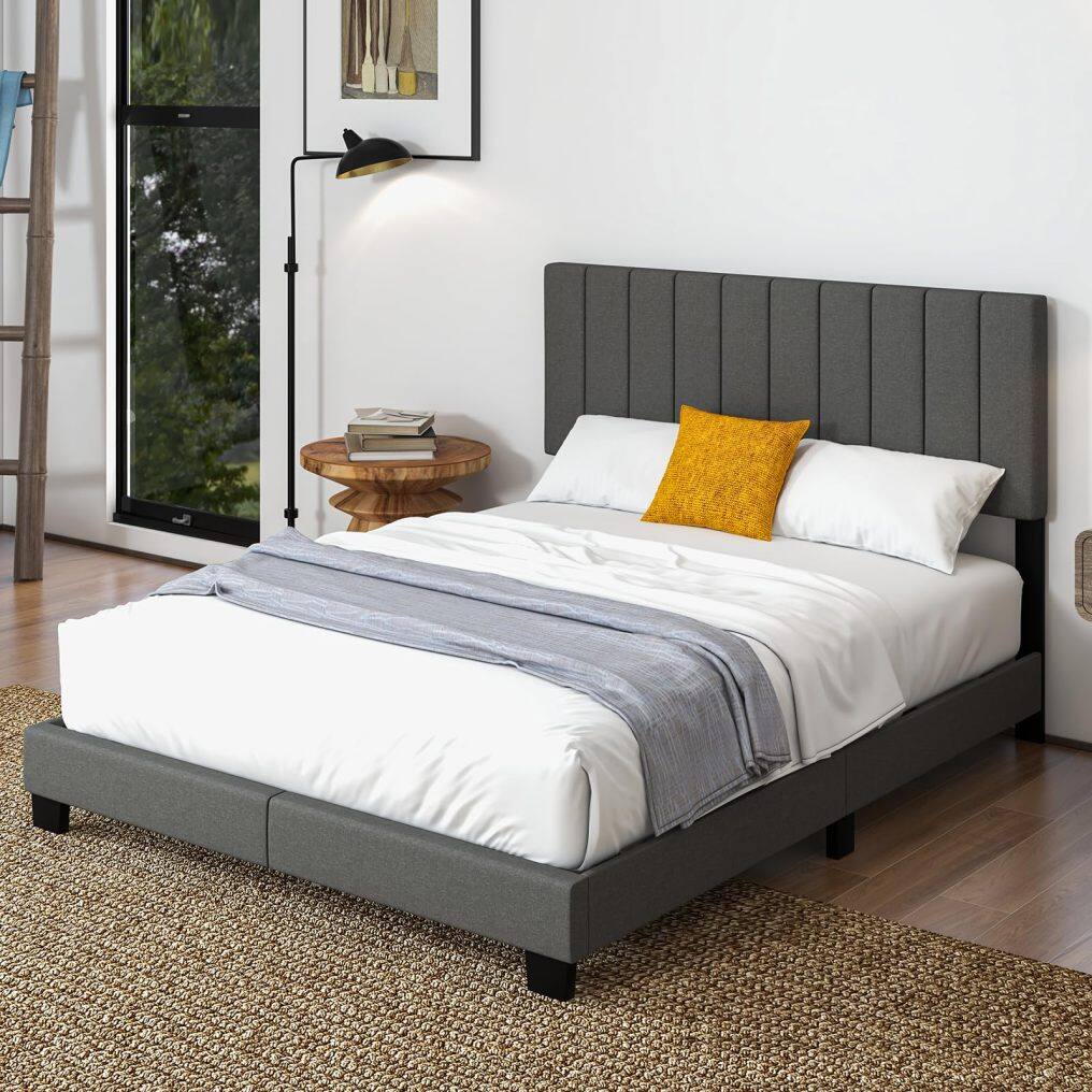 KOMFOTT Queen Size Upholstered Bed Frame with Vertical Channel Tufted Headboard
