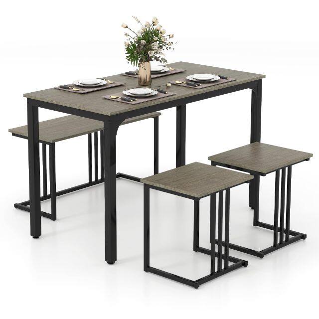 KOMFOTT 4 Piece Dining Table Set for 4 with Bench & 2 Stools, Space-Saving Desk Set