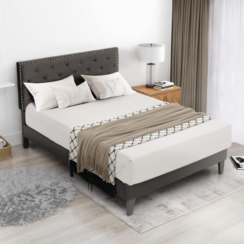 KOMFOTT Full/Queen Size Upholstered Bed Frame with Tufted Headboard & Soft-padded Footboard