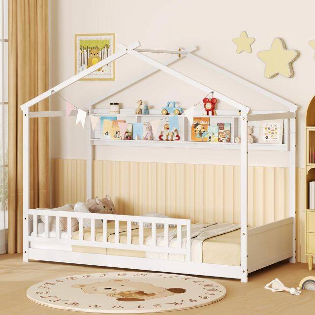 KOMFOTT Twin Floor House Bed with Storage Shelf, Headboard & Guardrail