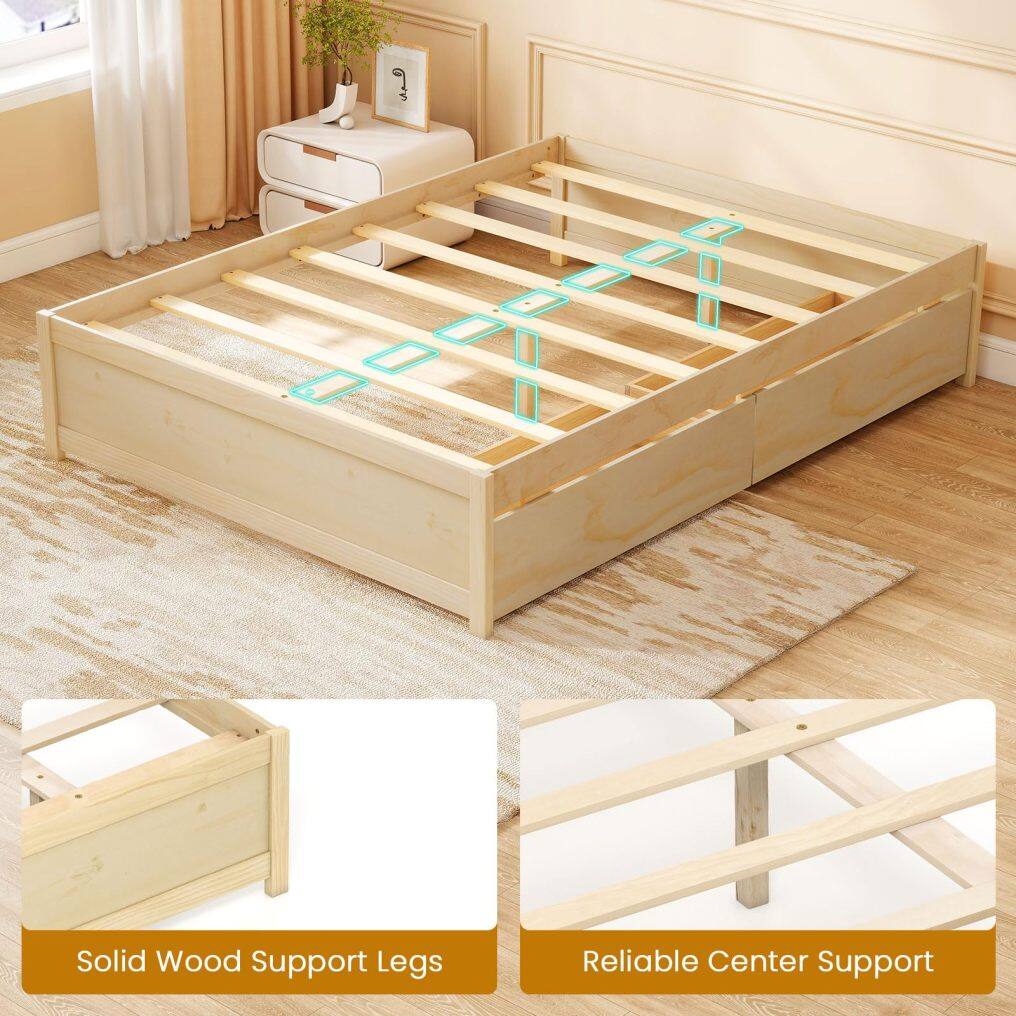 KOMFOTT Bed Frame with 2 Storage Drawers, Solid Wood Platform Bed with Slats Support